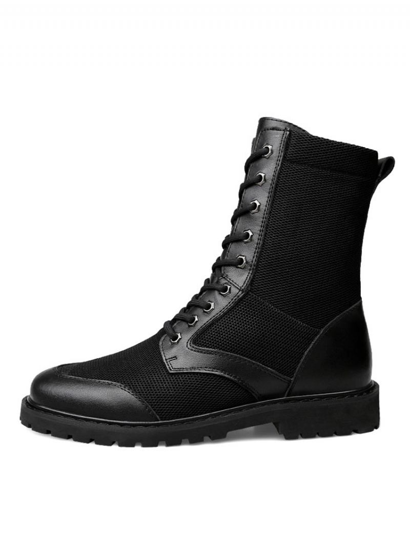 Botas Cano Médio Para Homens Fabulosas Pretas Couro Pu Com Bico Redondo E Cadarço - Preto