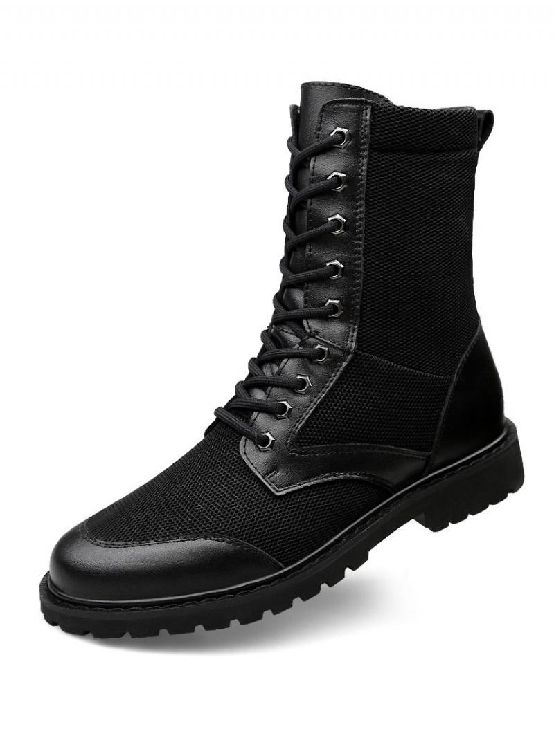 Botas Cano Médio Para Homens Fabulosas Pretas Couro Pu Com Bico Redondo E Cadarço - Preto