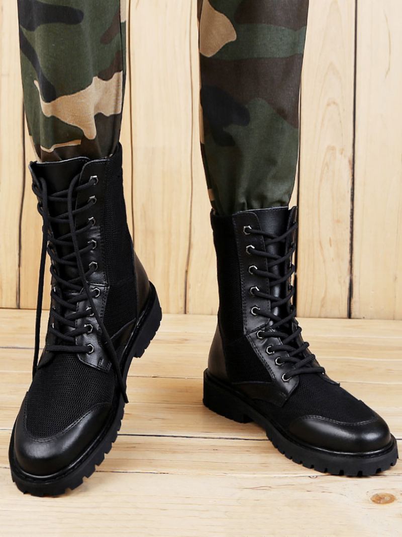 Botas Cano Médio Para Homens Fabulosas Pretas Couro Pu Com Bico Redondo E Cadarço - Preto