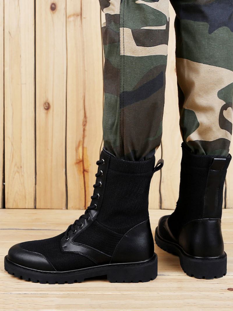 Botas Cano Médio Para Homens Fabulosas Pretas Couro Pu Com Bico Redondo E Cadarço - Preto