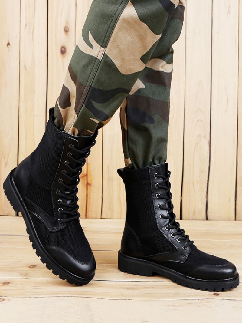 Botas Cano Médio Para Homens Fabulosas Pretas Couro Pu Com Bico Redondo E Cadarço - Preto