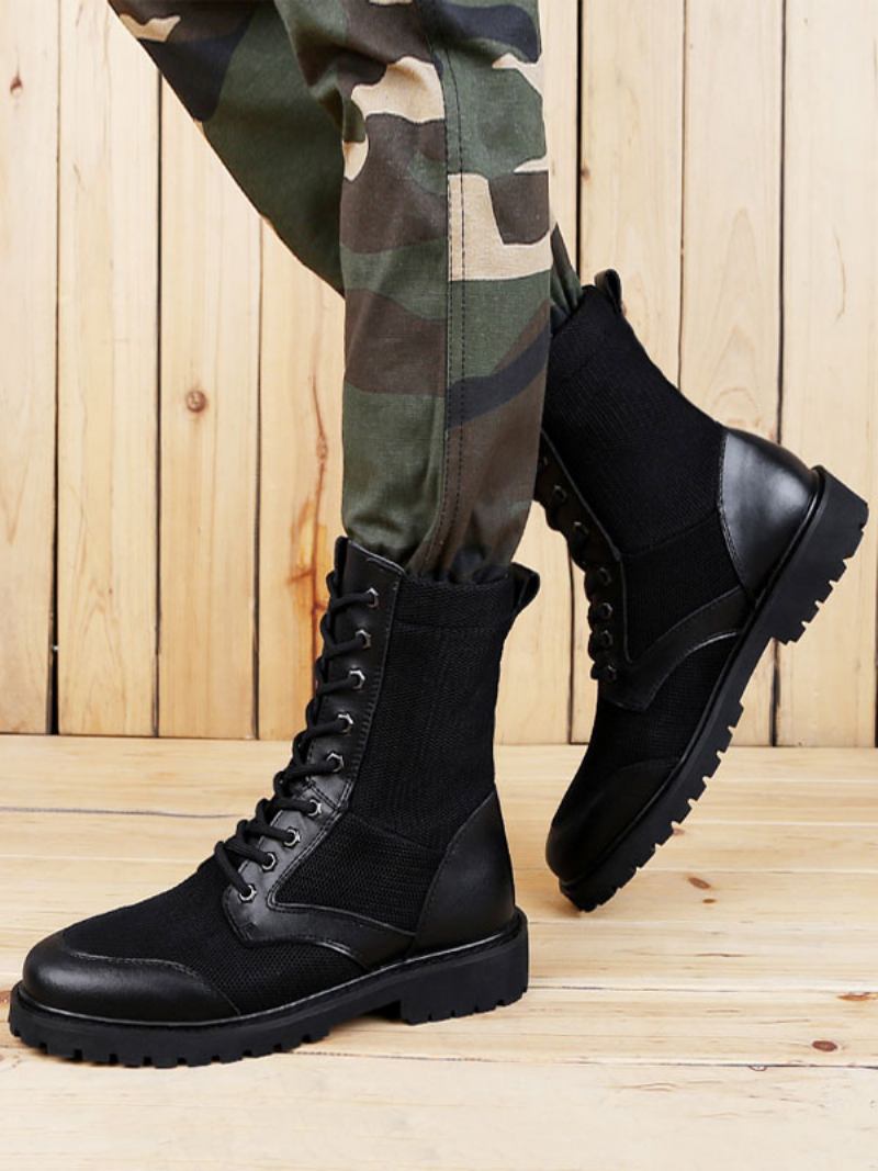 Botas Cano Médio Para Homens Fabulosas Pretas Couro Pu Com Bico Redondo E Cadarço - Preto