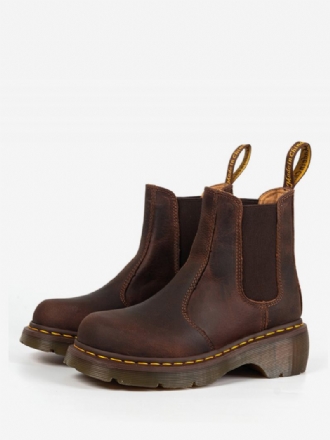 Botas Chelsea Masculinas Café Marrom Couro Vaca Redondo Deslizamento Em Curtas Retro