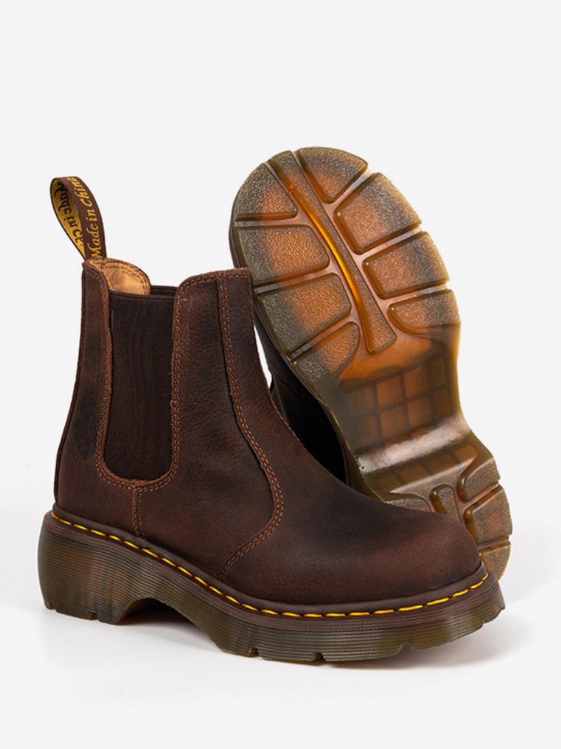 Botas Chelsea Masculinas Café Marrom Couro Vaca Redondo Deslizamento Em Curtas Retro - Café Marrom 