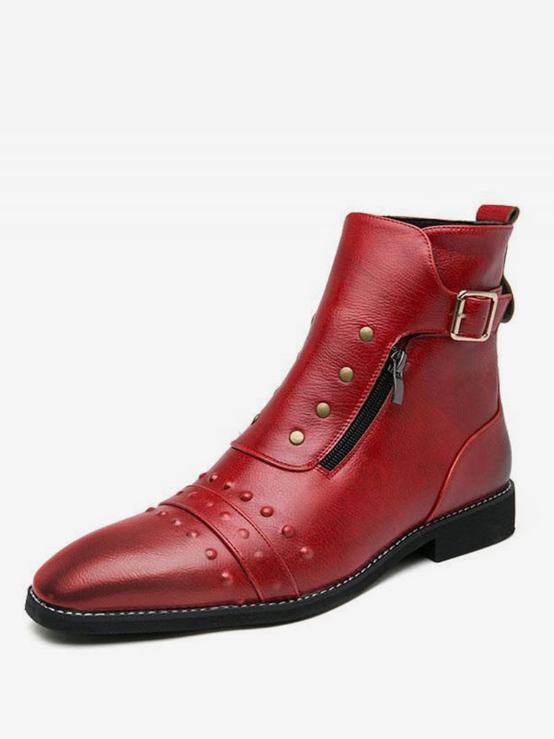 Botas Chelsea Masculinas Com Tachas E Botins Pretos - Vermelho