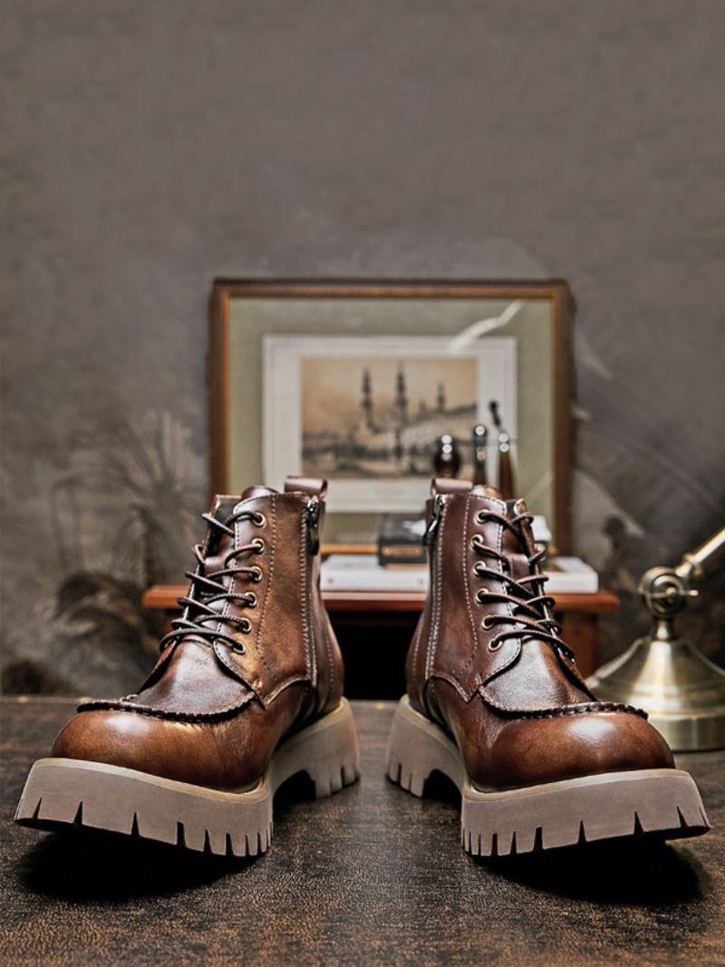 Botas Combate Masculinas Martin Brogue Business Casual Retro Café Marrom Couro Redondo - Café Marrom