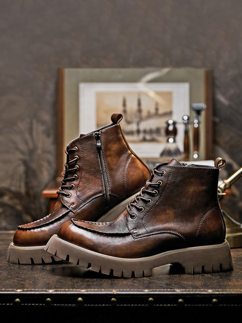 Botas Combate Masculinas Martin Brogue Business Casual Retro Café Marrom Couro Redondo - Café Marrom