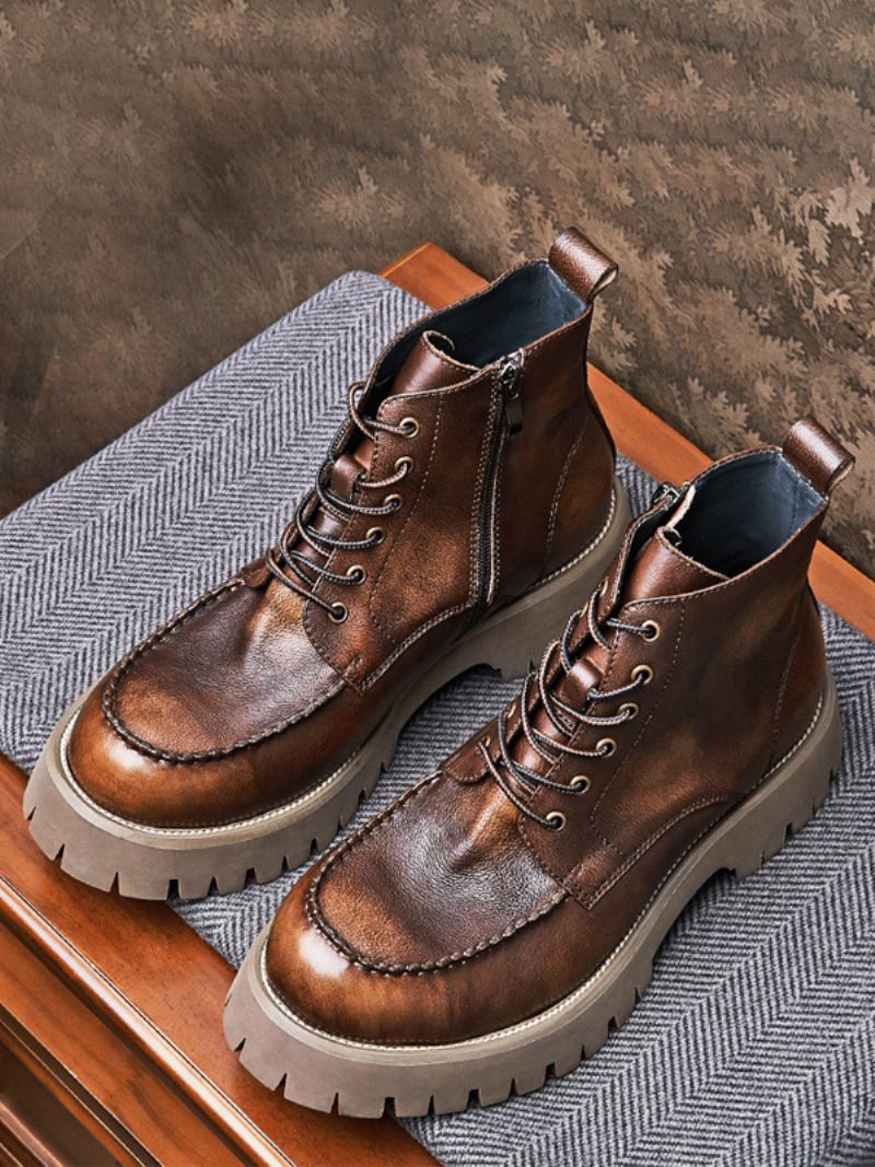 Botas Combate Masculinas Martin Brogue Business Casual Retro Café Marrom Couro Redondo - Café Marrom