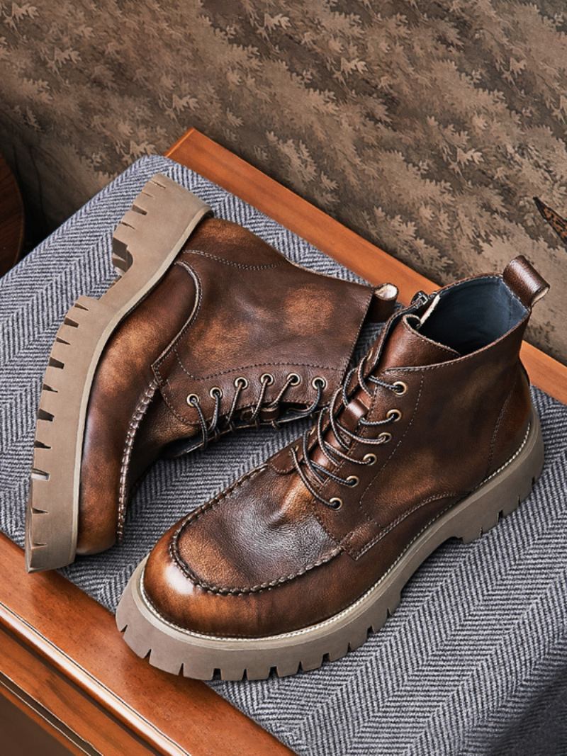 Botas Combate Masculinas Martin Brogue Business Casual Retro Café Marrom Couro Redondo - Café Marrom