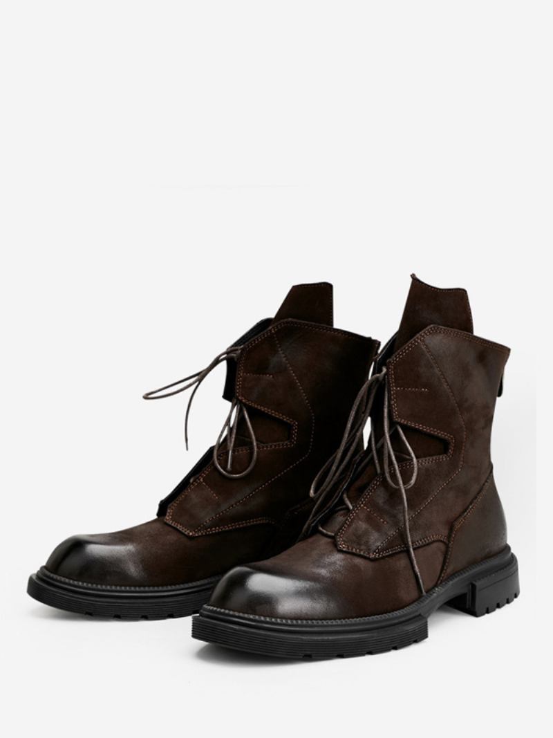 Botas Combate Masculinas Martin Work Motocicleta Café Marrom Couro Bovino Redondo - Café Marrom