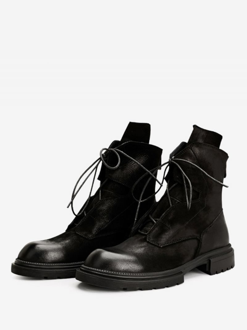 Botas Combate Masculinas Martin Work Motocicleta Café Marrom Couro Bovino Redondo - Preto