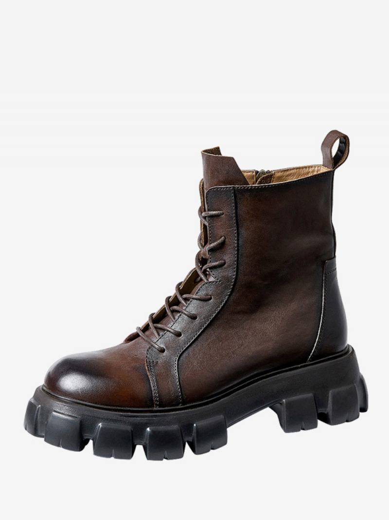 Botas Masculinas Cano Alto Com Sola Grossa Couro Bovino Marrom Profundo Bico Redondo Curtas