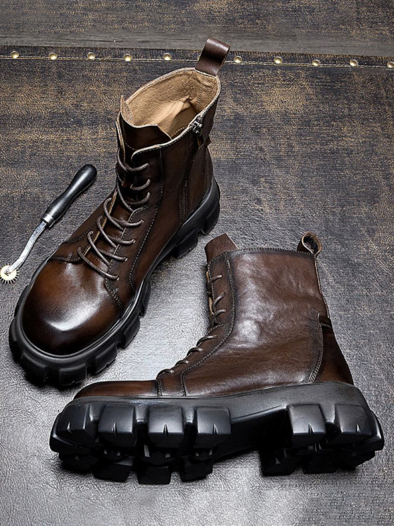 Botas Masculinas Cano Alto Com Sola Grossa Couro Bovino Marrom Profundo Bico Redondo Curtas - Castanho Profundo