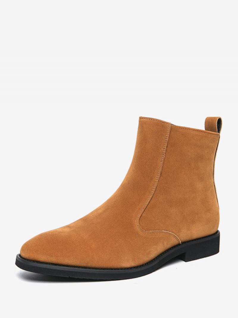 Botas Masculinas Cano Curto Camurça Couro Bico Redondo Chelsea - Café Marrom