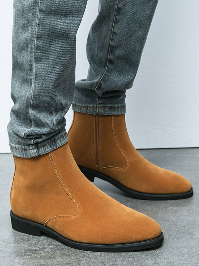 Botas Masculinas Cano Curto Camurça Couro Bico Redondo Chelsea - Café Marrom