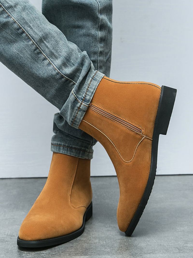 Botas Masculinas Cano Curto Camurça Couro Bico Redondo Chelsea - Café Marrom