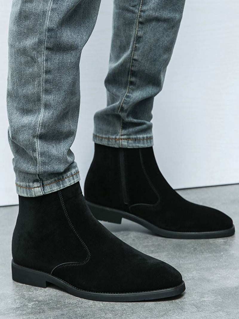 Botas Masculinas Cano Curto Camurça Couro Bico Redondo Chelsea - Preto