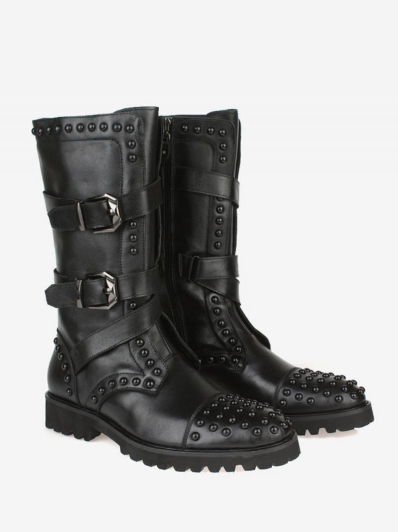 Botas Masculinas Cano Médio Sapatos Trabalho Couro Clássico Preto - Preto