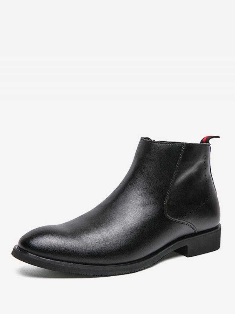 Botas Masculinas Chelsea Borgonha Pu Couro Biqueira Redonda - Preto