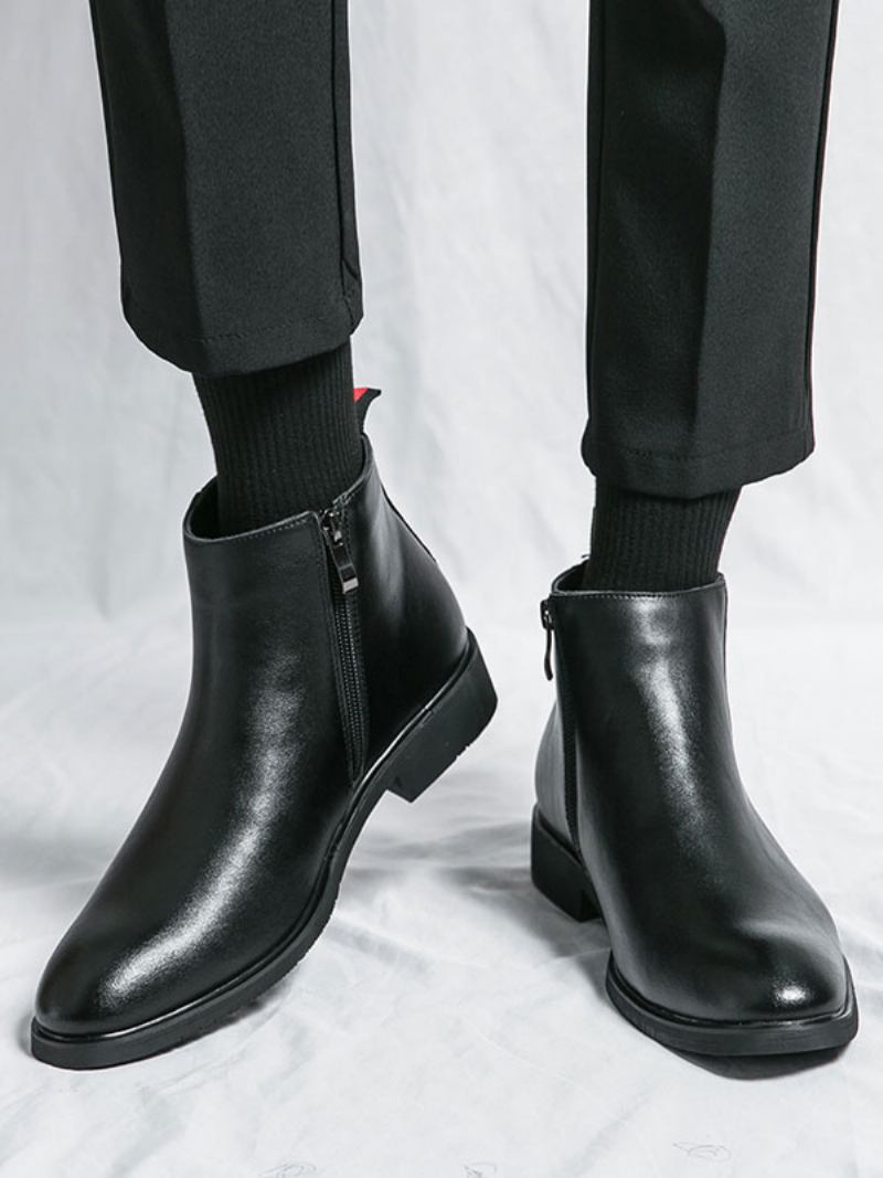 Botas Masculinas Chelsea Borgonha Pu Couro Biqueira Redonda - Preto