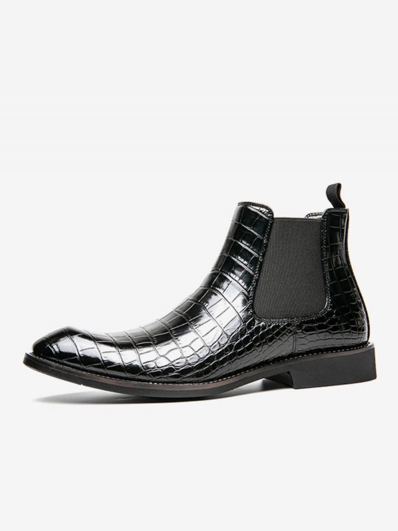 Botas Masculinas Chelsea Café Marrom Pu Couro Biqueira Pontuda - Preto