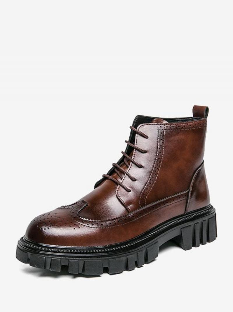 Botas Masculinas Chelsea Café Marrom Pu Couro Biqueira Redonda