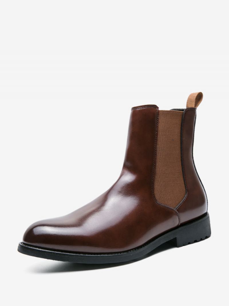 Botas Masculinas Chelsea Café Marrom Pu Couro Biqueira Redonda