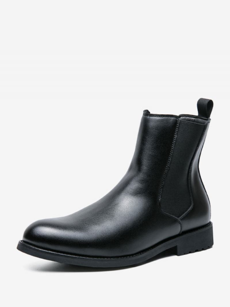 Botas Masculinas Chelsea Café Marrom Pu Couro Biqueira Redonda - Preto