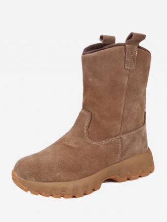 Botas Masculinas Chelsea Café Marrom Pu Couro Neve Com Bico Redondo