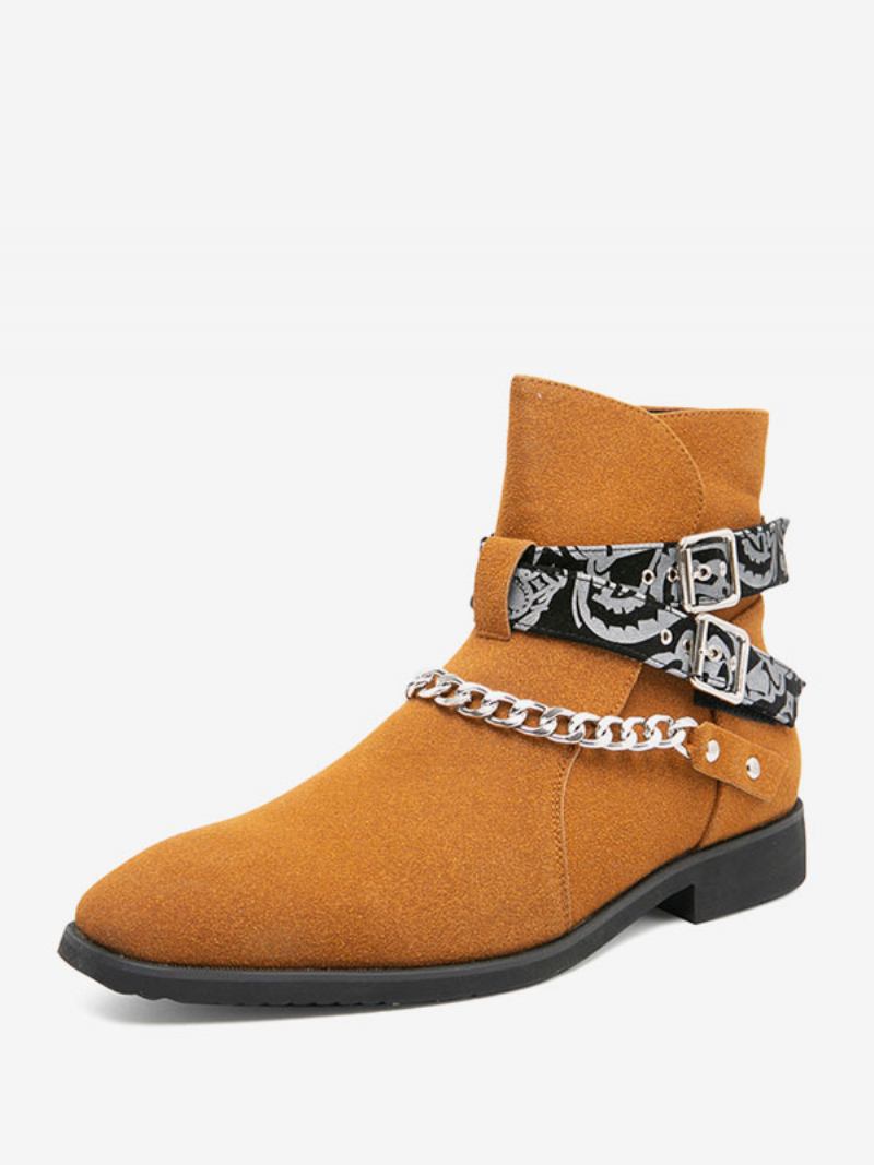 Botas Masculinas Chelsea Camurça Amarela Couro Jodhpur Correntes