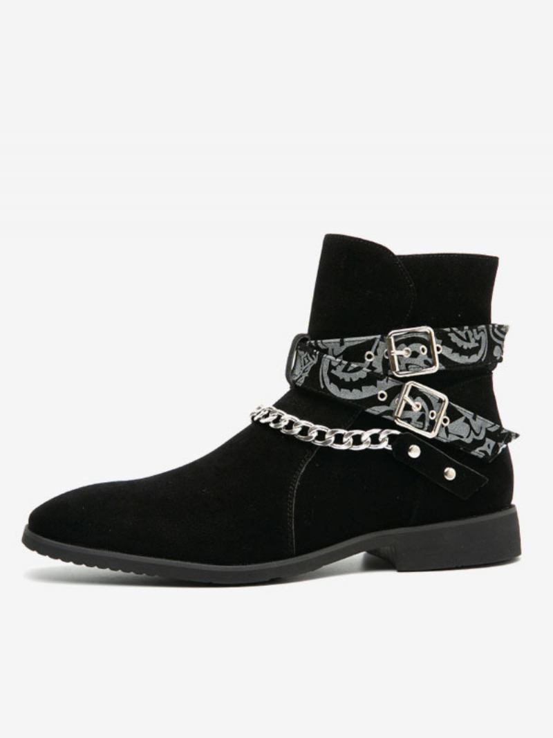 Botas Masculinas Chelsea Camurça Amarela Couro Jodhpur Correntes - Preto