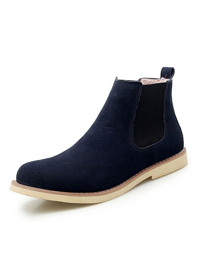 Botas Masculinas Chelsea Camurça Azul Couro Biqueira Redonda