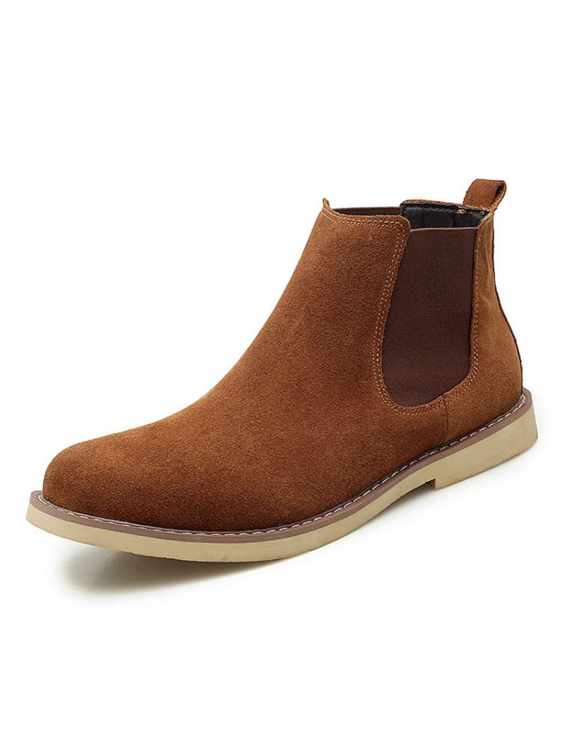 Botas Masculinas Chelsea Camurça Azul Couro Biqueira Redonda - Café Marrom