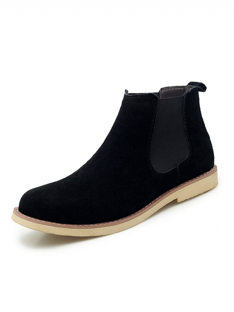 Botas Masculinas Chelsea Camurça Azul Couro Biqueira Redonda - Preto