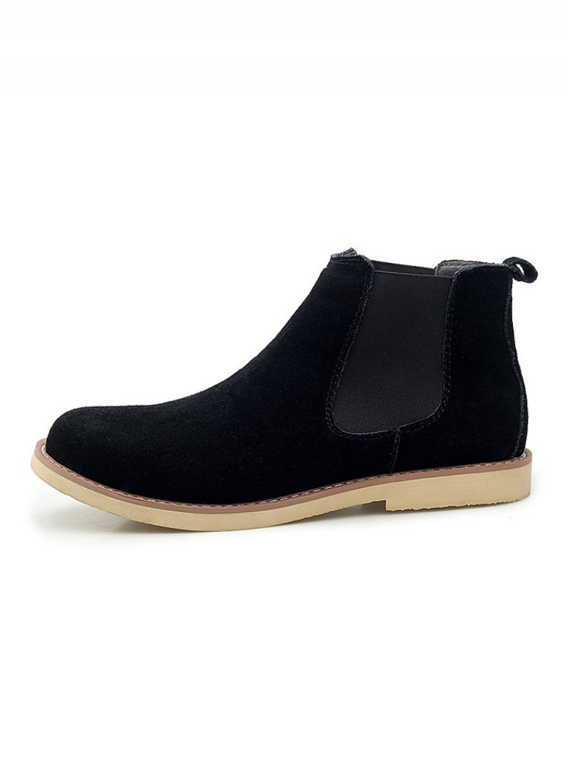 Botas Masculinas Chelsea Camurça Azul Couro Biqueira Redonda - Preto