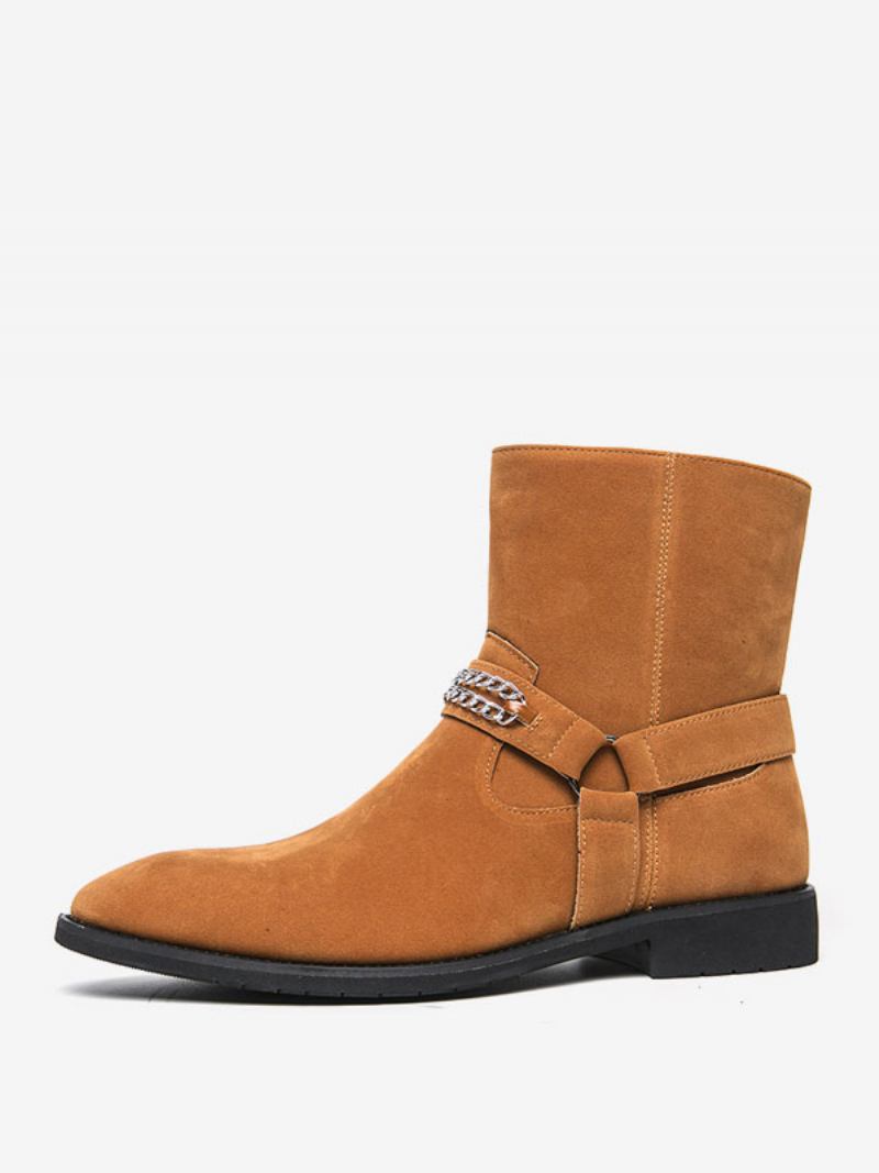 Botas Masculinas Chelsea Camurça Couro Biqueira Redonda - Café Marrom