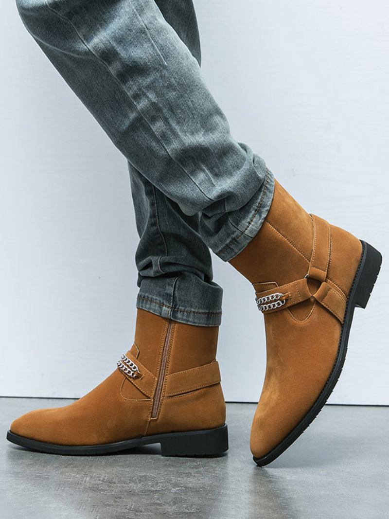 Botas Masculinas Chelsea Camurça Couro Biqueira Redonda - Café Marrom