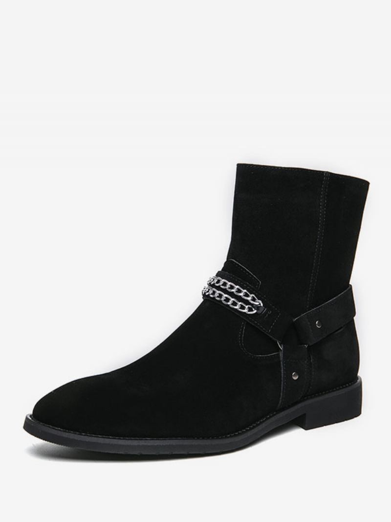 Botas Masculinas Chelsea Camurça Couro Biqueira Redonda - Preto