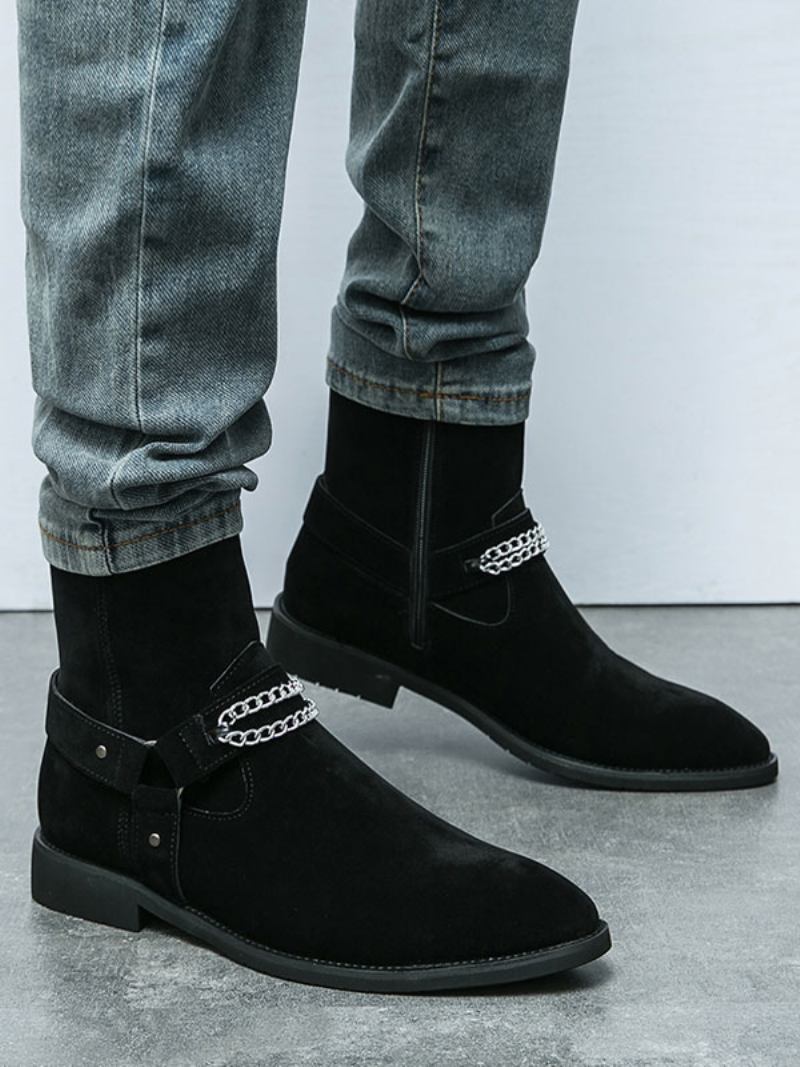 Botas Masculinas Chelsea Camurça Couro Biqueira Redonda - Preto