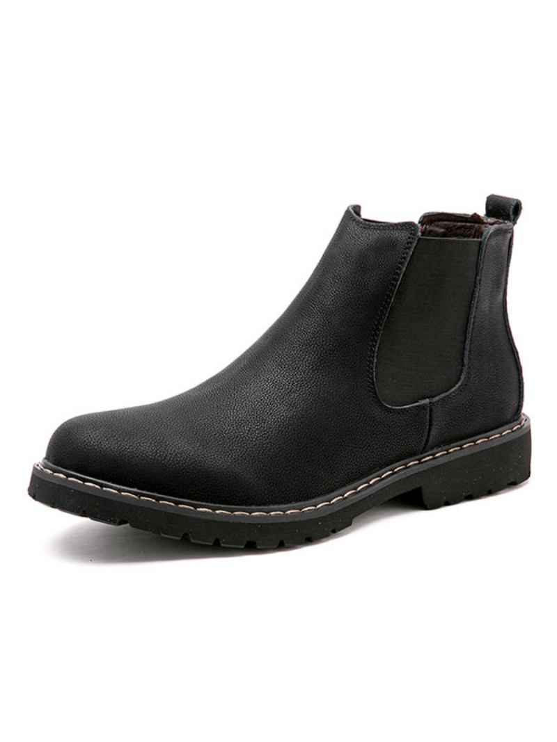 Botas Masculinas Chelsea Com Bico Redondo Couro Preto