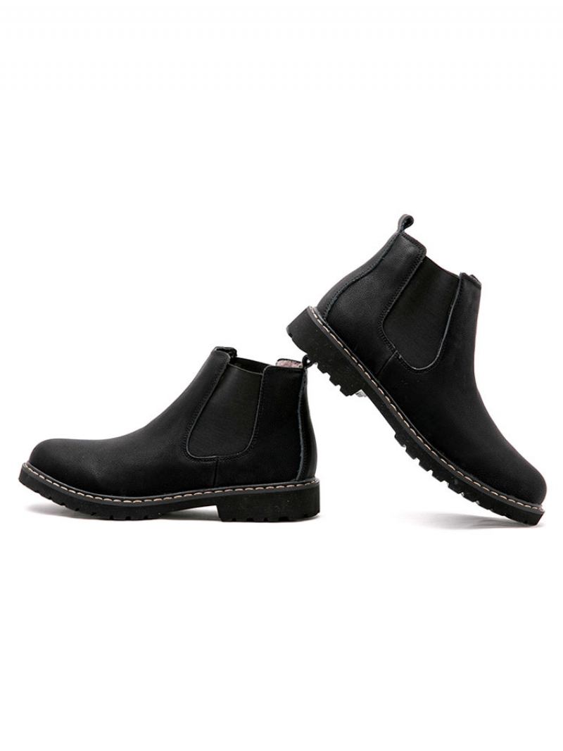 Botas Masculinas Chelsea Com Bico Redondo Couro Preto - Preto