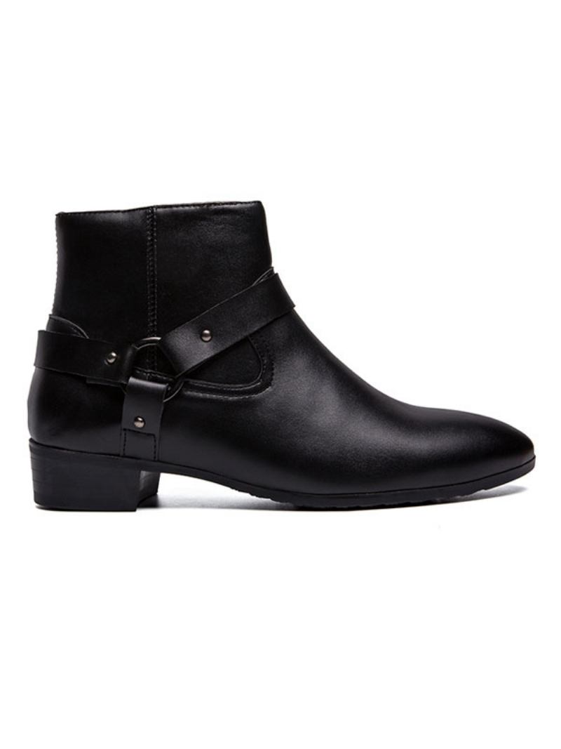 Botas Masculinas Chelsea Com Fivela Fabulosa Em Couro Pu E Bico Fino - Preto