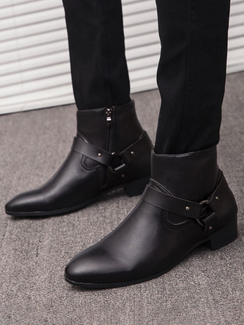 Botas Masculinas Chelsea Com Fivela Fabulosa Em Couro Pu E Bico Fino - Preto