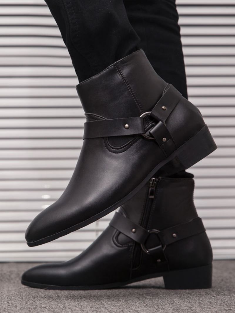 Botas Masculinas Chelsea Com Fivela Fabulosa Em Couro Pu E Bico Fino - Preto