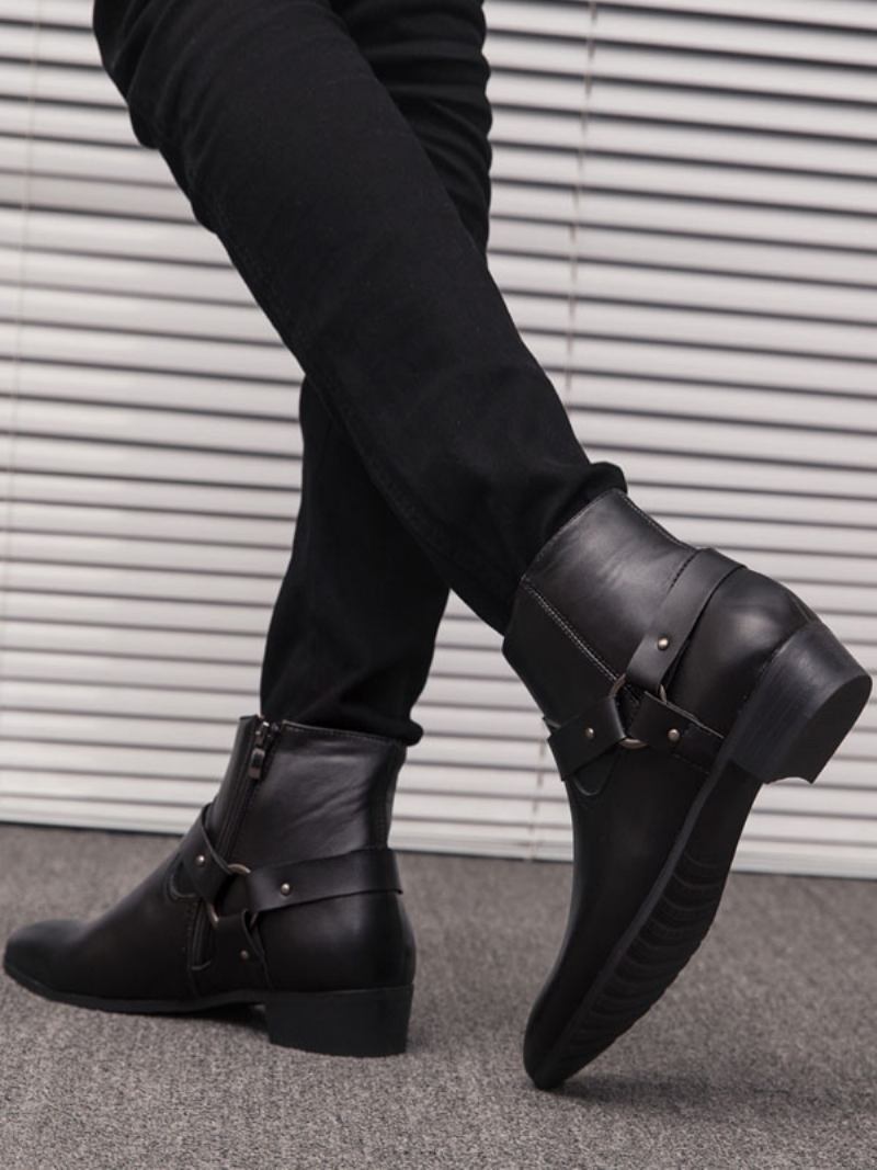 Botas Masculinas Chelsea Com Fivela Fabulosa Em Couro Pu E Bico Fino - Preto