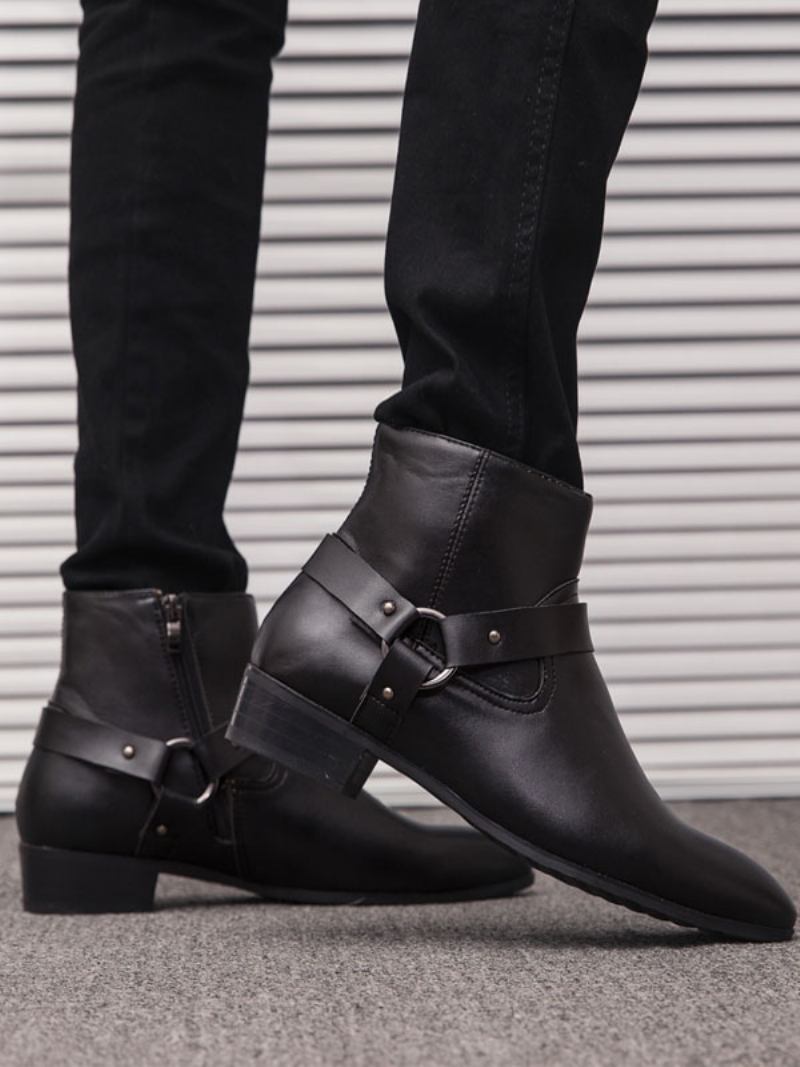 Botas Masculinas Chelsea Com Fivela Fabulosa Em Couro Pu E Bico Fino - Preto