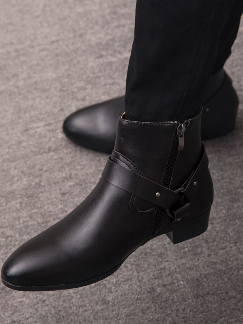 Botas Masculinas Chelsea Com Fivela Fabulosa Em Couro Pu E Bico Fino - Preto