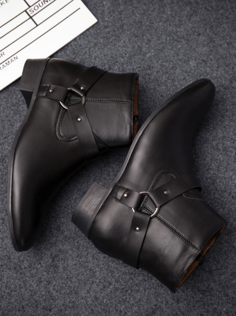 Botas Masculinas Chelsea Com Fivela Fabulosa Em Couro Pu E Bico Fino - Preto