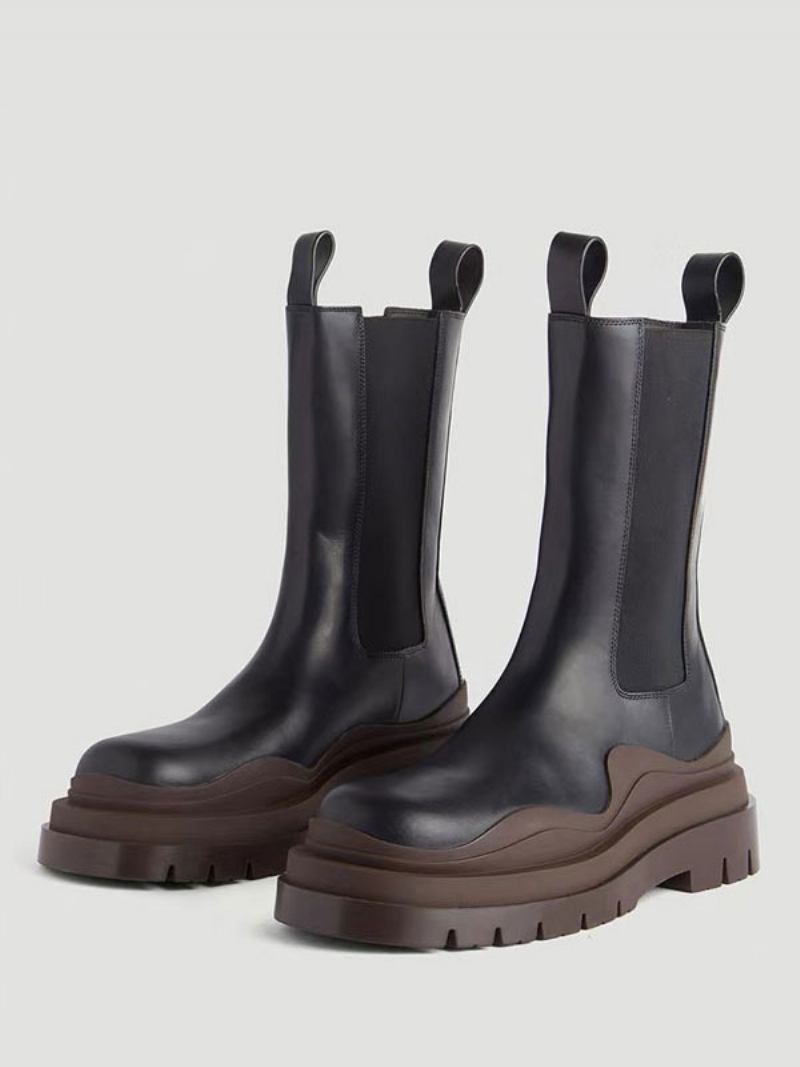 Botas Masculinas Chelsea Com Pneu Verde Acabamento Em Borracha E Bico Redondo Cano Curto - Chocolate