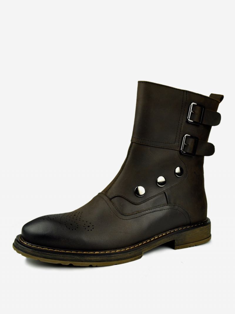 Botas Masculinas Chelsea Couro Marrom Profundo Com Fivela Redonda